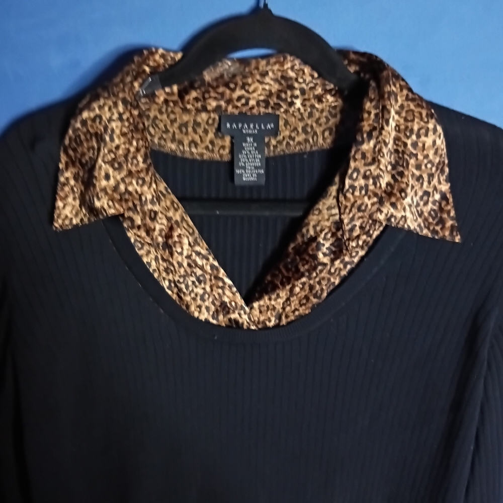 Rafaella Woman Black Top with Leopard Print Neckline Women’s 3X